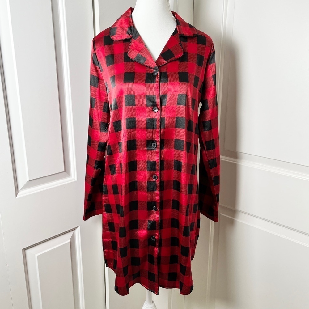 Tahari Buffalo Check Plaid Satin Sleep Shirt - Women's Medium